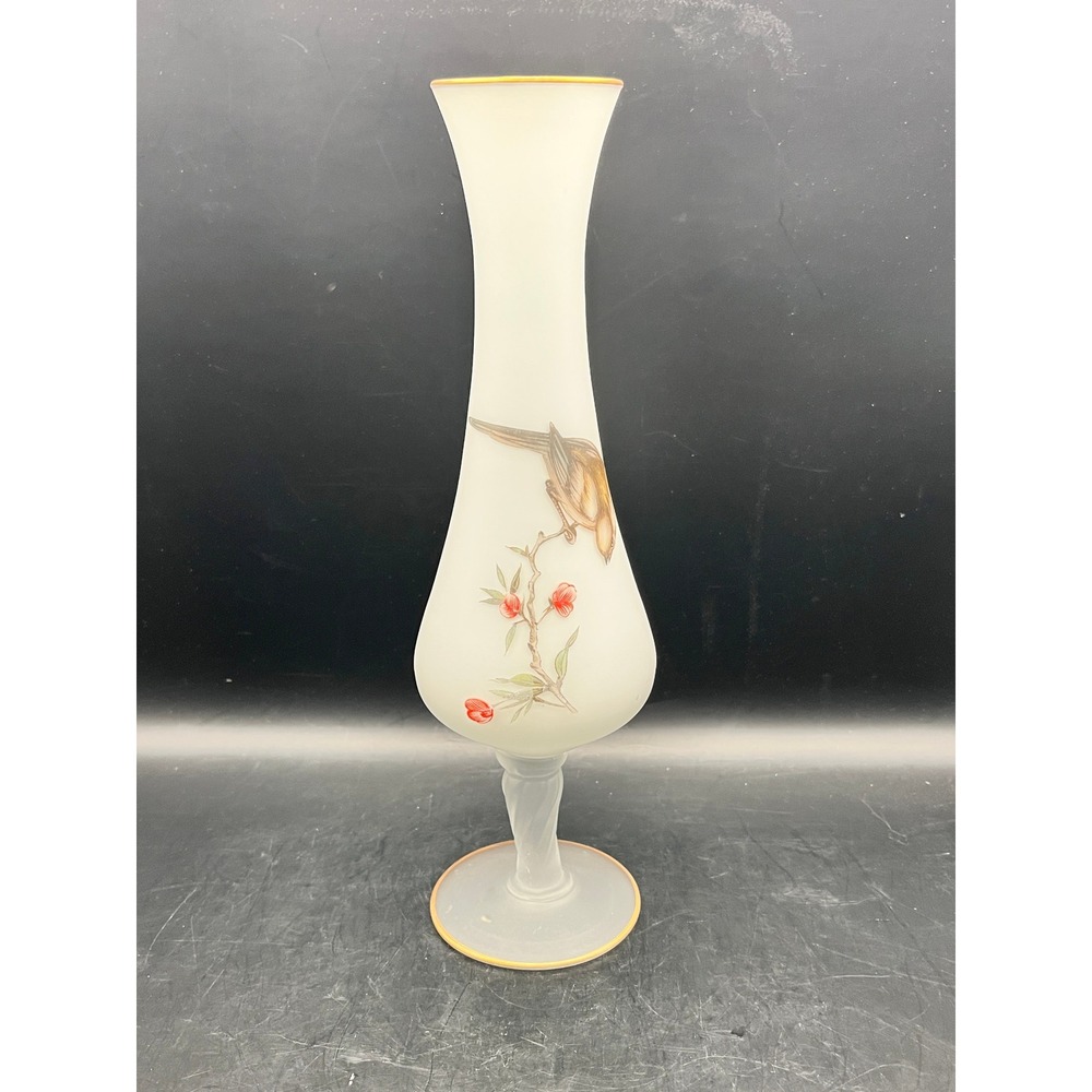 Vtg Norleans White Satin Frosted Glass Bud Vase Bird Gold Rim Pedestal 60s 10"‎ - Picture 4 of 7
